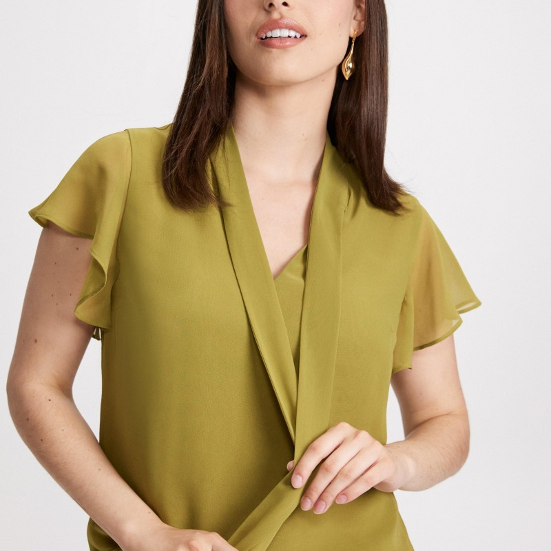 Which women's blouses have tie neck detail